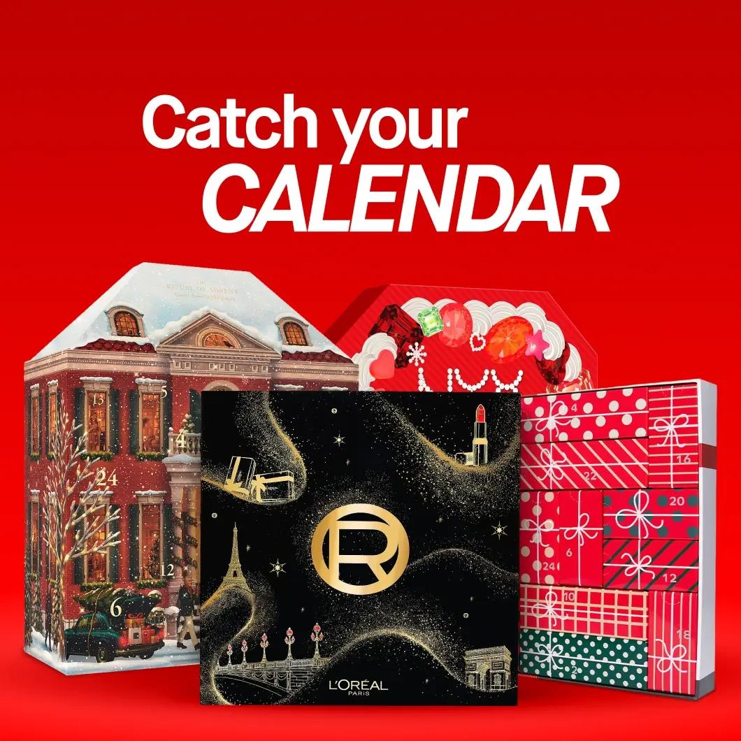 Catch your CALENDAR. Joulukalentereita: talonmuotoinen, L'Oréal Paris musta-kultainen ja punavihreitä lahjapaketteja.