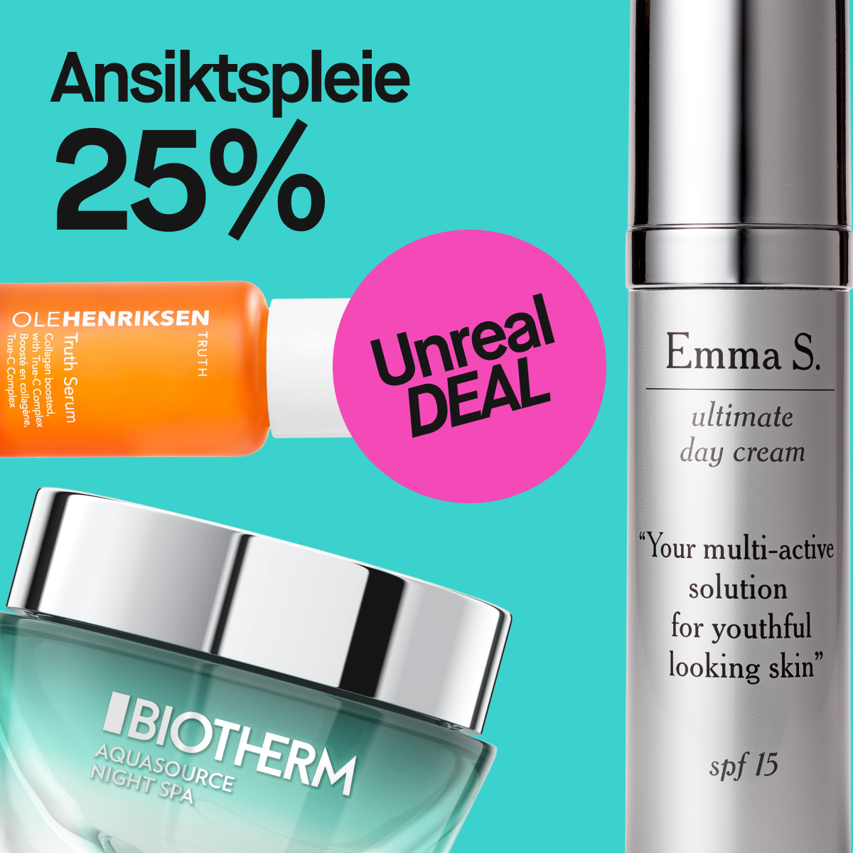 En grønn krukke med krem fra botherm, en dagrem fra emma s i sølv og et orange serum fra Ole Henriksen mot en turkis bakgrunn