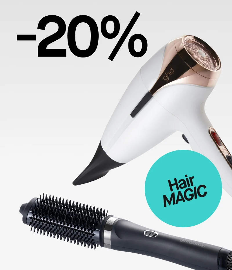 Kaksi hiustenmuotoiluvälinettä: valkoinen hiustenkuivaaja ja musta pyöröharja. Kuvassa näkyy myös teksti "-20%" ja "Hair MAGIC"