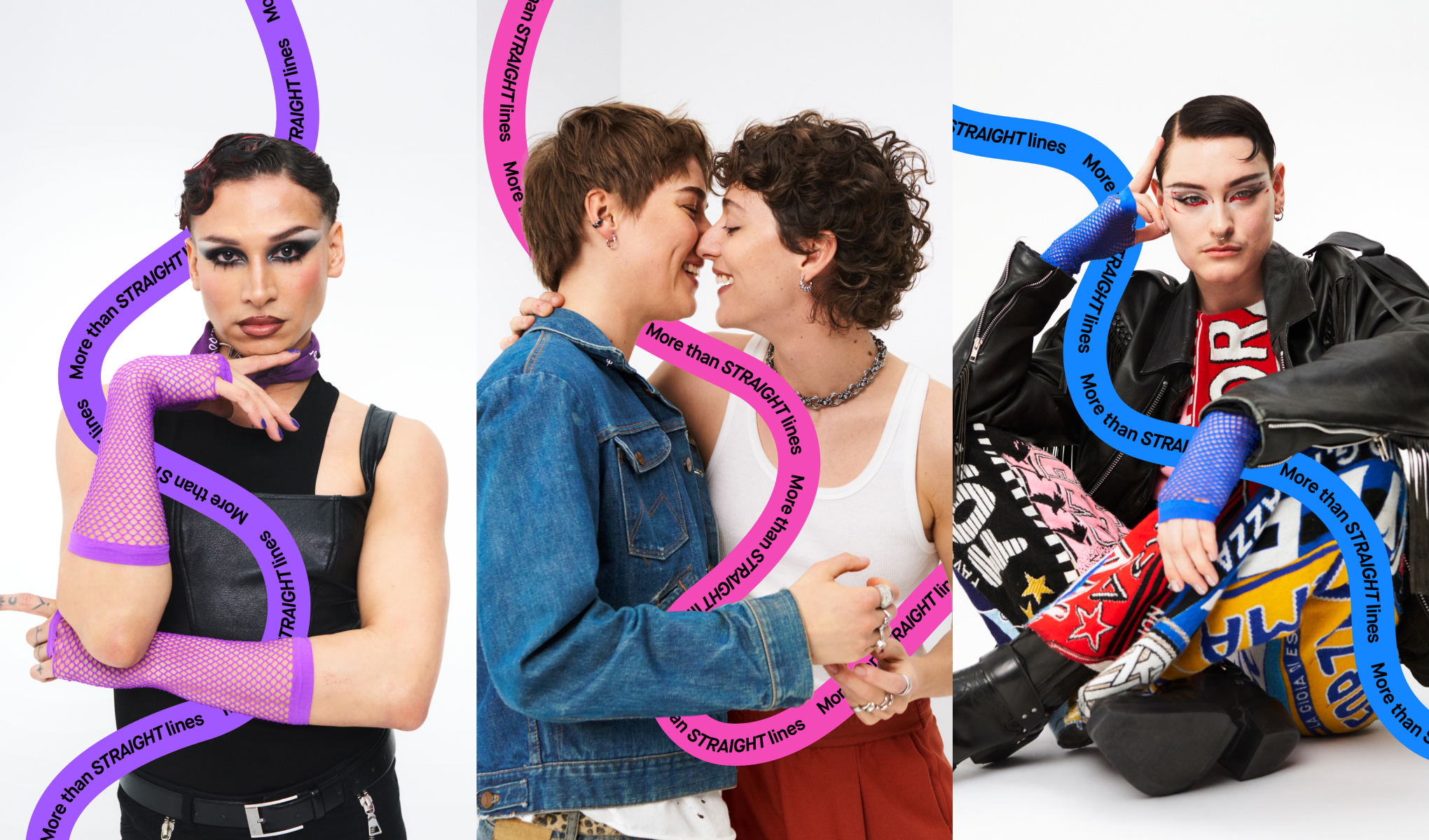 Tre personer poserar i olika modekläder och accessoarer. Den första personen bär en svart topp och lila nätarmvärmare. Den andra personen, klädd i en jeansjacka, håller om en annan person som bär en vit linne och en kedja runt halsen. Den tredje personen har på sig en svart läderjacka, färgglada byxor och blå nätarmvärmare. Texten "More than STRAIGHT lines" slingrar sig runt dem i olika färger.