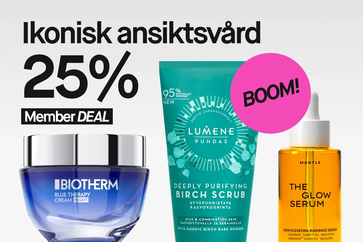 Ikonisk ansiktsvård med 25% rabatt för medlemmar, inklusive Biotherm Blue Therapy Cream Night, Lumene Puhdas Deeply Purifying Birch Scrub och Mantle The Glow Serum.