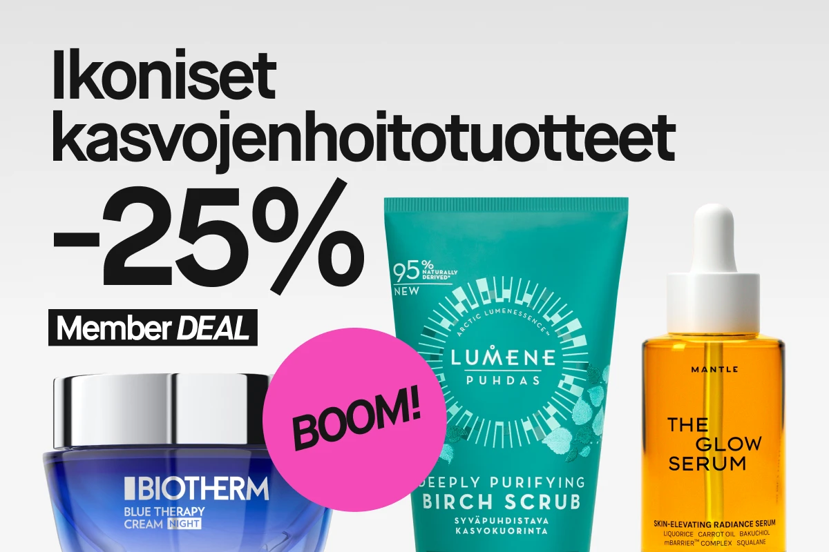 Ikoninen kasvohoito 25% alennuksella jäsenille, mukaan lukien Biotherm Blue Therapy Cream Night, Lumene Puhdas Deeply Purifying Birch Scrub ja Mantle The Glow Serum.