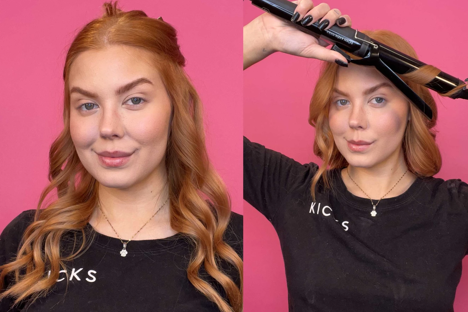 KICKS-kauneusasiantuntija Isabella kihartaa hiuksensa kirnaista taustaa vasten.
