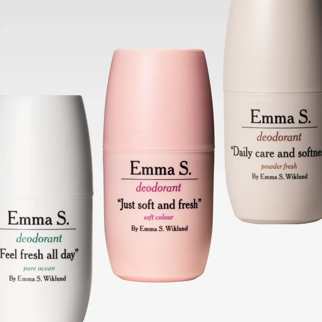 Tre Emma S. roll-on deodoranter: vit 'Feel fresh all day pure ocean', rosa 'Just soft and fresh soft colour' och beige 'Daily care and softness powder fresh'.