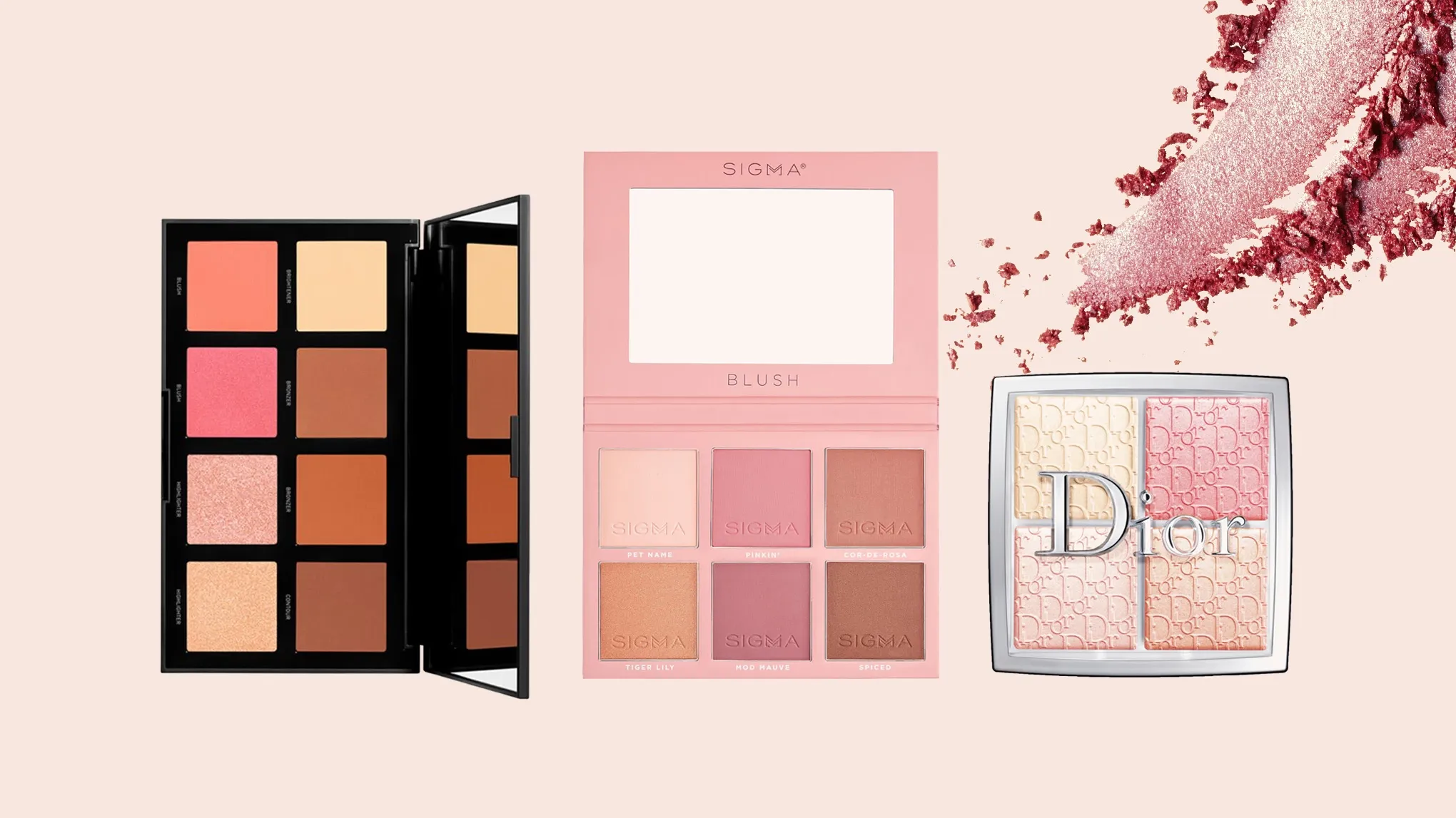 Tre sminkpaletter med olika nyanser av rouge och highlighter från Sigma och Dior.