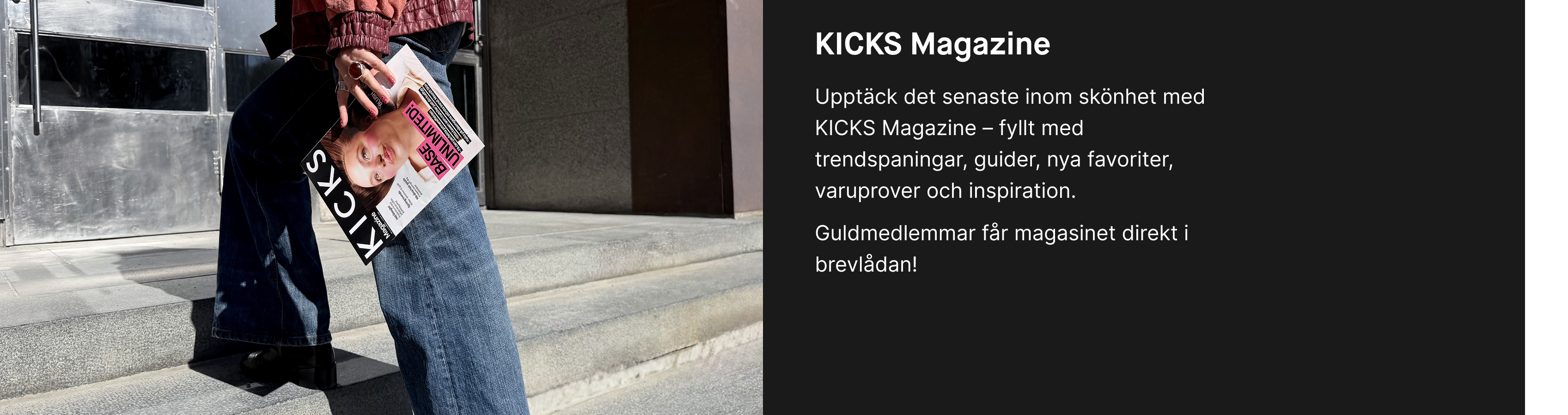 KICKS Beauty Talks med kommentarer från communityt och en mobilvy av plattformen. Texten lyfter fram tips, hjälp och inspiration från andra samt möjligheten att testa produkter.