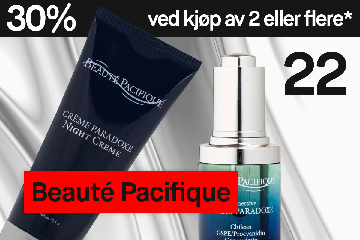 Hudpleieprodukter fra Beauté Pacifique – Crème Paradoxe Night Cream og serum – mot sølvgrå bakgrunn med “30% ved kjøp av 2”.