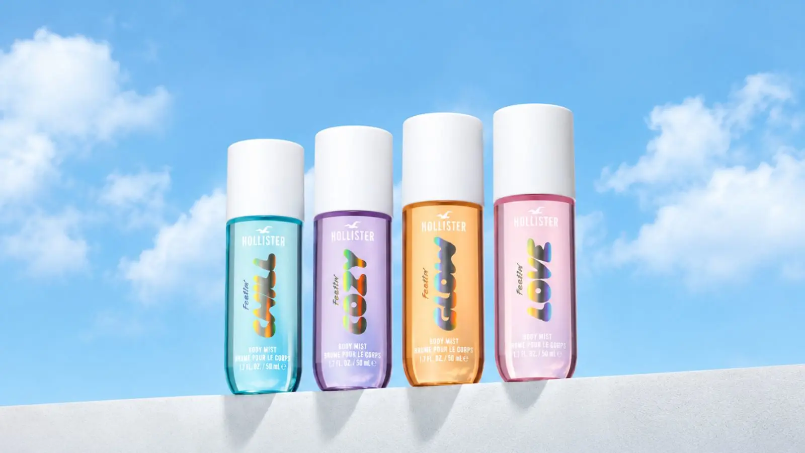 Neljä Hollister Feelin' vartalosuihketta: Chill (sininen), Cozy (violetti), Glow (oranssi), Love (pinkki), kukin 50ml.