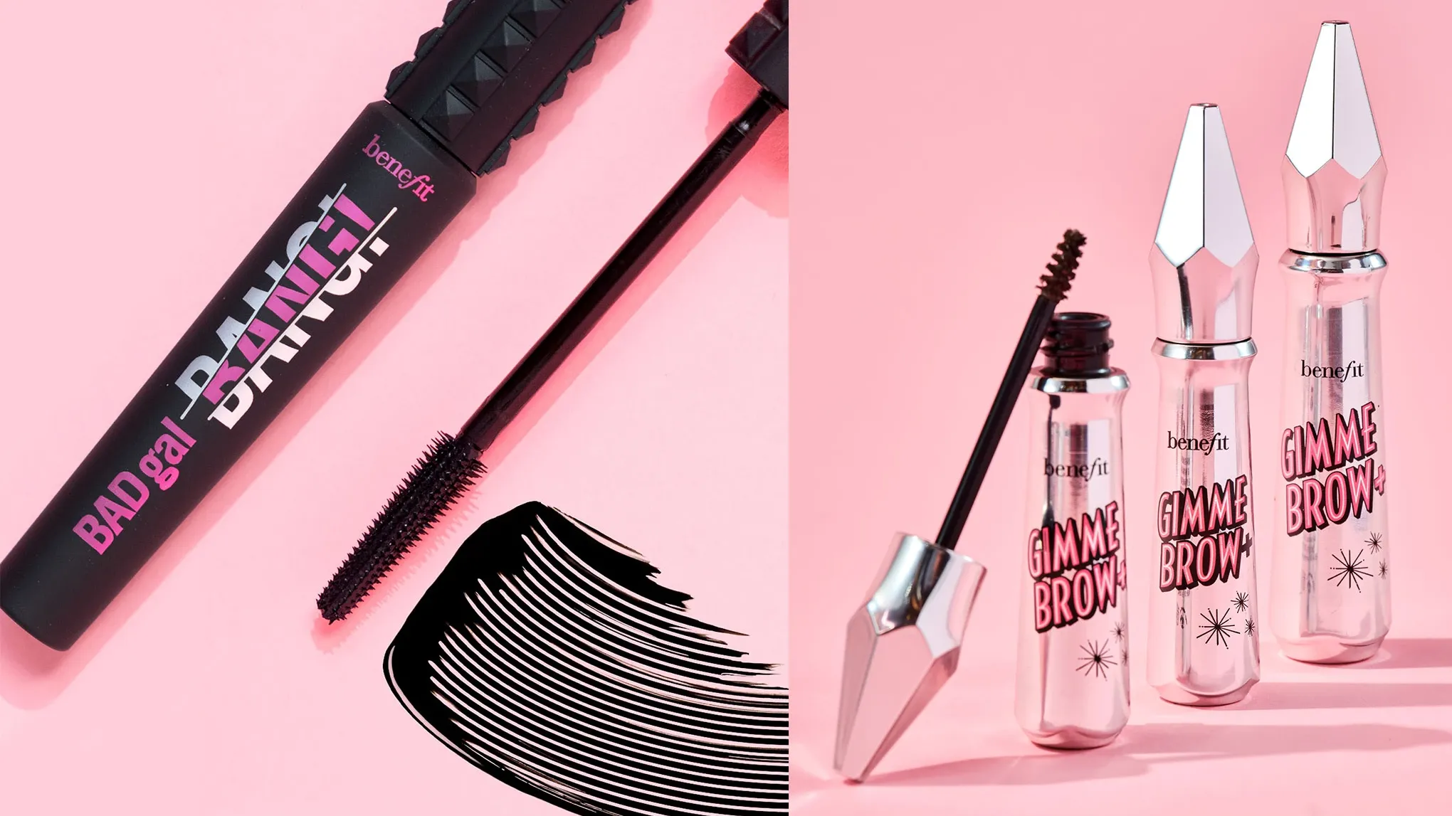 Benefit BADgal BANG! ripsiväri ja Gimme Brow+ kulmatuotteet vaaleanpunaisella taustalla.