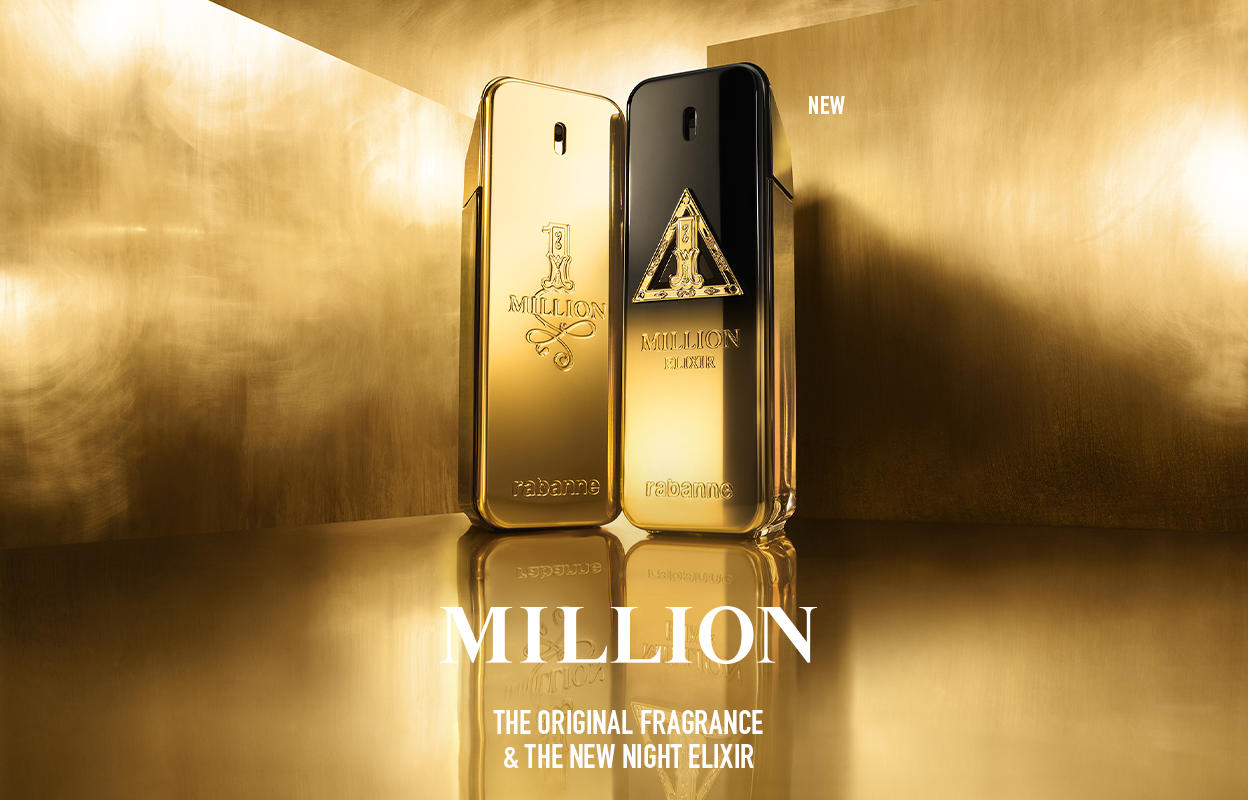 Rabanne Million og Million Night Elixir. To parfymeflasker i gull og svart mot gyllen bakgrunn. Teksten «Million» og «The Original Fragrance & The New Night Elixir» vises i bildet.