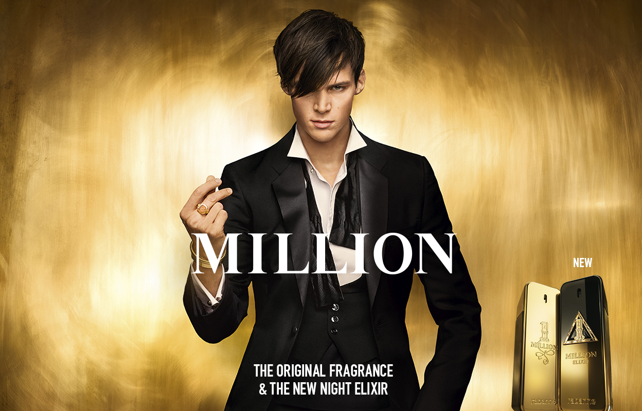 Rabanne Million -tuoksu. Mies tummassa puvussa kultaisella taustalla. Oikealla Million- ja Million Night Elixir -pullot.