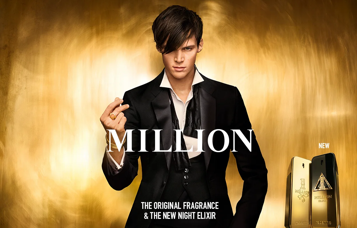 Rabanne Million -tuoksu. Mies tummassa puvussa kultaisella taustalla. Oikealla Million- ja Million Night Elixir -pullot.