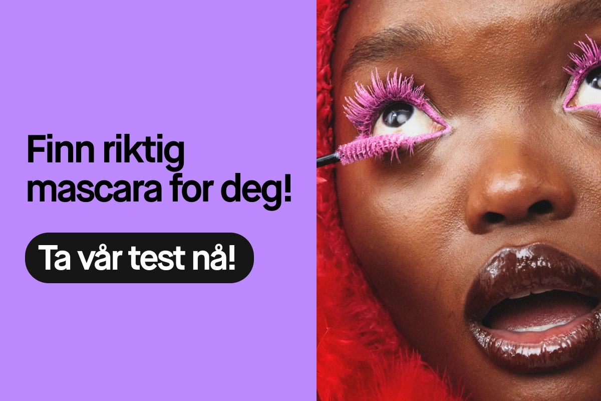 Teksten “Hitta din mascara-match!” og “Gör vårt test!” vises sammen med et nærbilde av en person som påfører rosa mascara på vippene og har glansede lepper.