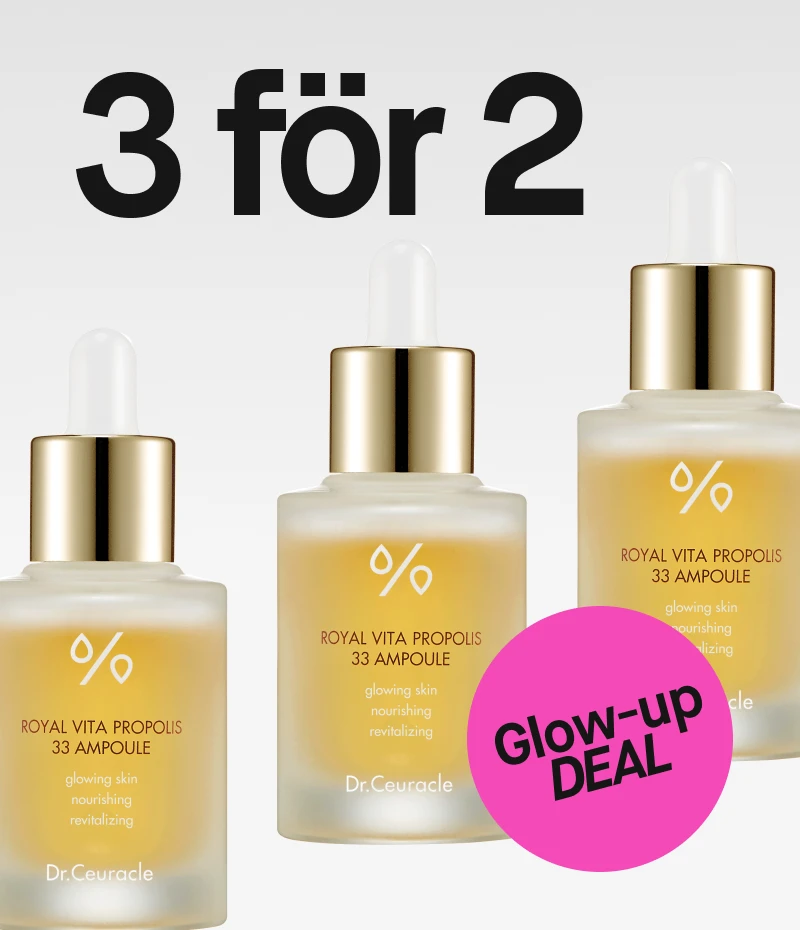 Tre flaskor av Dr. Ceuracle Royal Vita Propolis 33 Ampoule med texten 'K-beauty 3 för 2' och en rosa cirkel med texten 'Glow-up DEAL'.