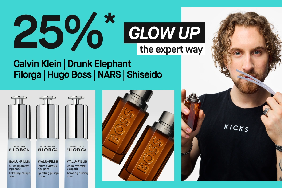 Turkis kampanjebilde med teksten “25%*”, “GLOW UP the expert way” og merkene “Calvin Klein | Drunk Elephant | Filorga | Hugo Boss | NARS | Shiseido”. Synlige produkter inkluderer Filorga Hyalu-Filler-serum og Hugo Boss The Scent-parfyme sammen med en person som holder en parfymeflaske og duftstrimler.