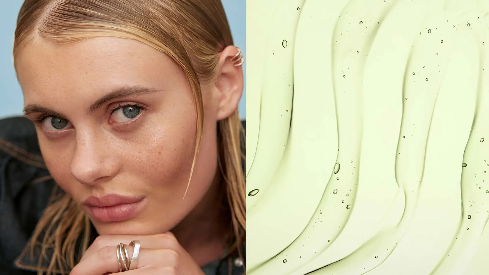 Kvinne som viser hårtrenden "slugging" og smiler til kameraet ved siden av en grønn tekstur med bobler.