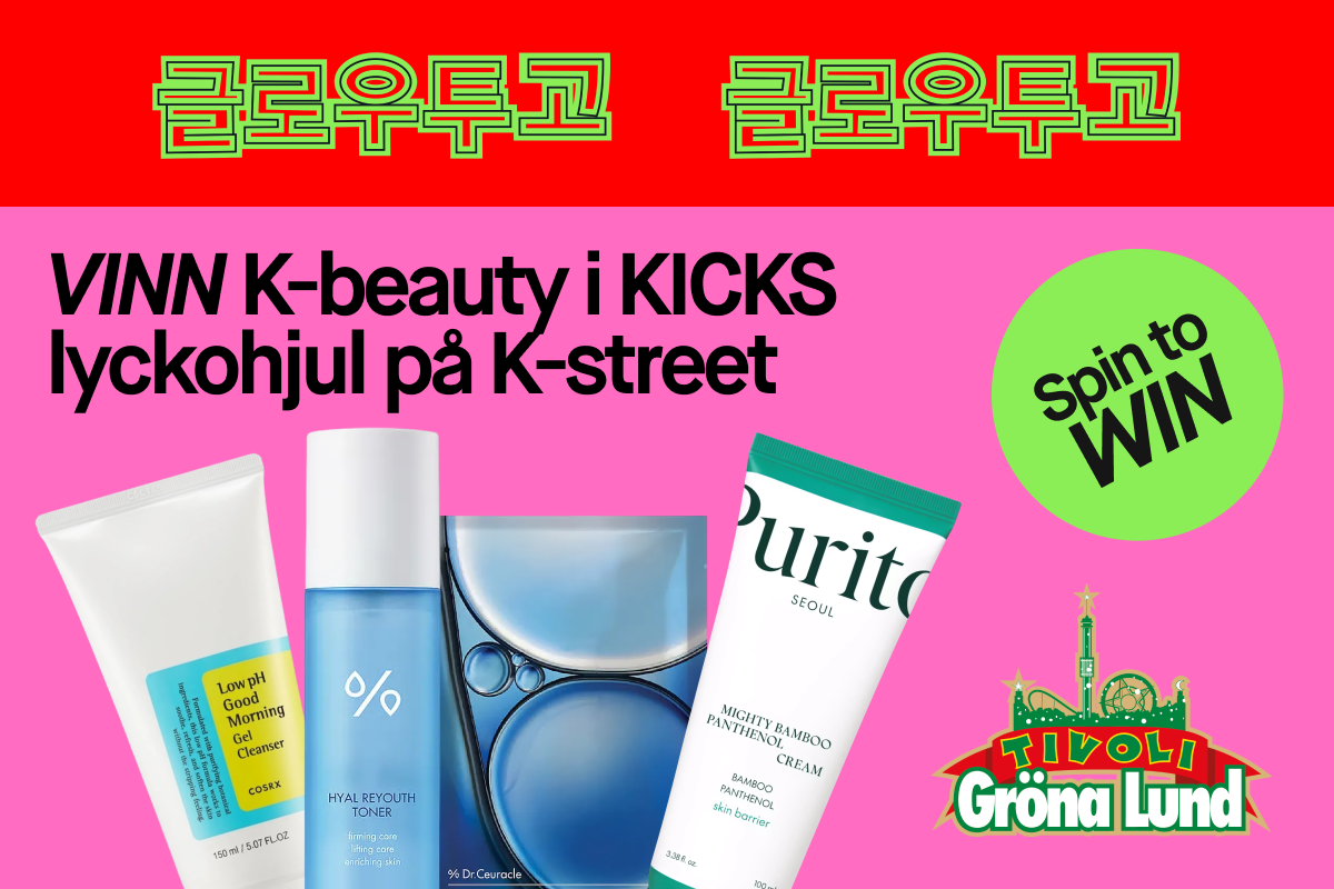 Texten "VINN K-beauty i KICKS lyckohjul på K-street" visas tillsammans med hudvårdsprodukter från COSRX, Dr.Ceuracle och Purito samt en grön cirkel med "Spin to WIN" och logotypen "Tivoli Gröna Lund".