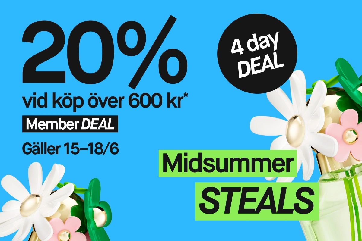 Grön kampanjbanner med texten "20% vid köp över 600 kr*", "Member DEAL", "4 day DEAL" och "Gäller 15–18/6". Svarta diagonala band med texten "BUTIK & ONLINE!" markerar ett medlemserbjudande inom skönhet som gäller både i butik och online.