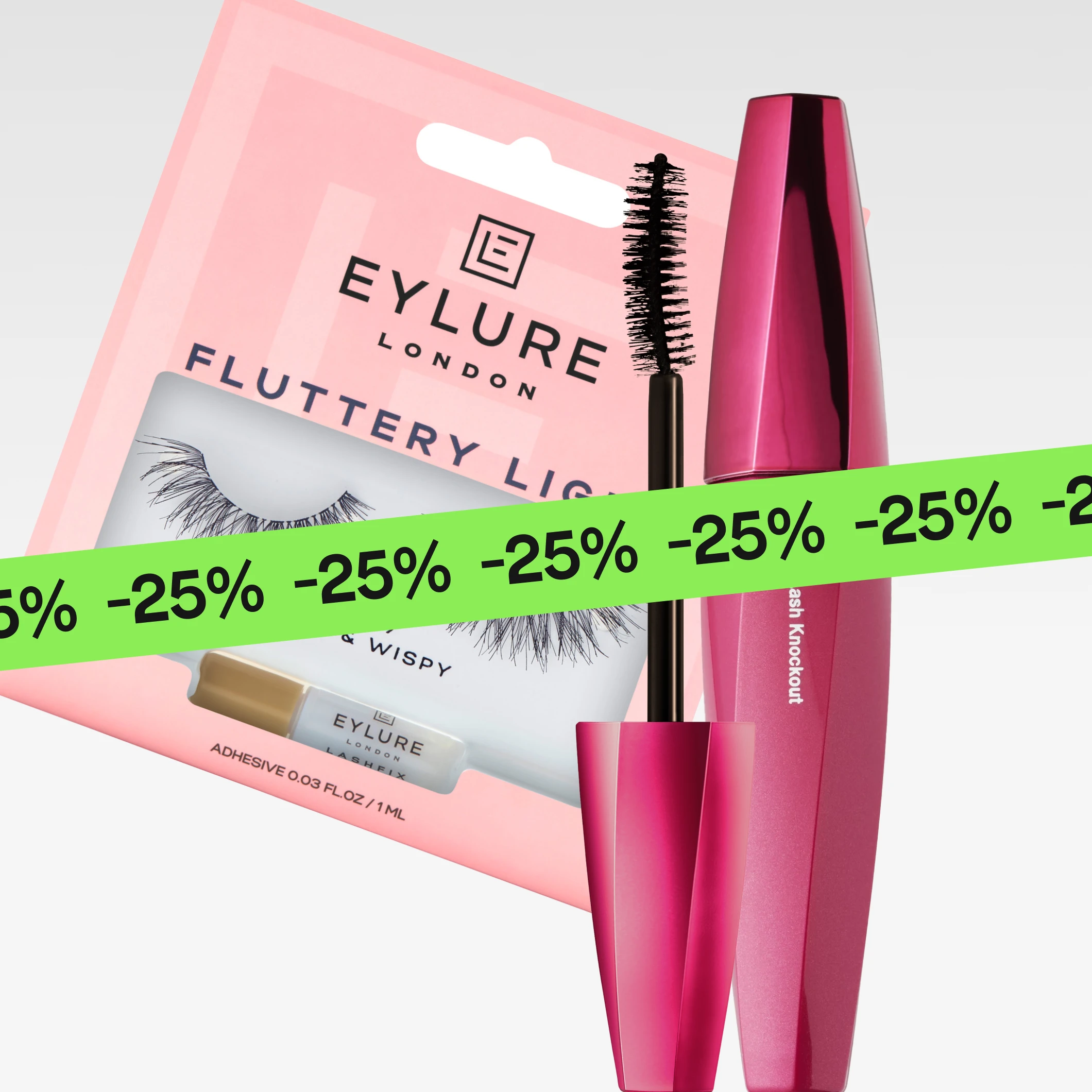 Kampanjakuva tekstillä “Utvald ögonmakeup 25% vid köp av 2*” ja vihreä ympyrä “4 days ONLY”, mukana Eylure-irto ripset ja pinkki ripsiväri “d.j.v. Lash Knockout” sekä vihreä “25%”-nauha.