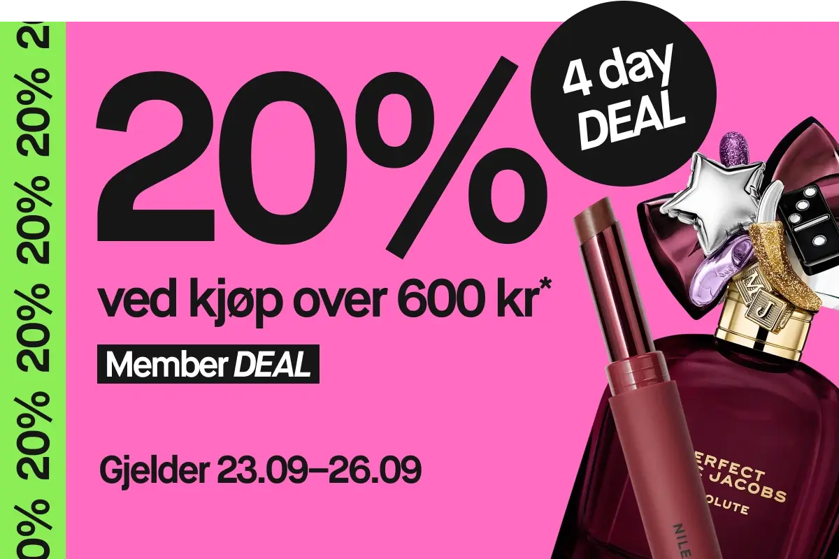 Medlemstilbud: 20% rabatt ved kjøp over 600 kr*. Gjelder 23.09-26.09. Viser leppestift og Marc Jacobs parfyme.