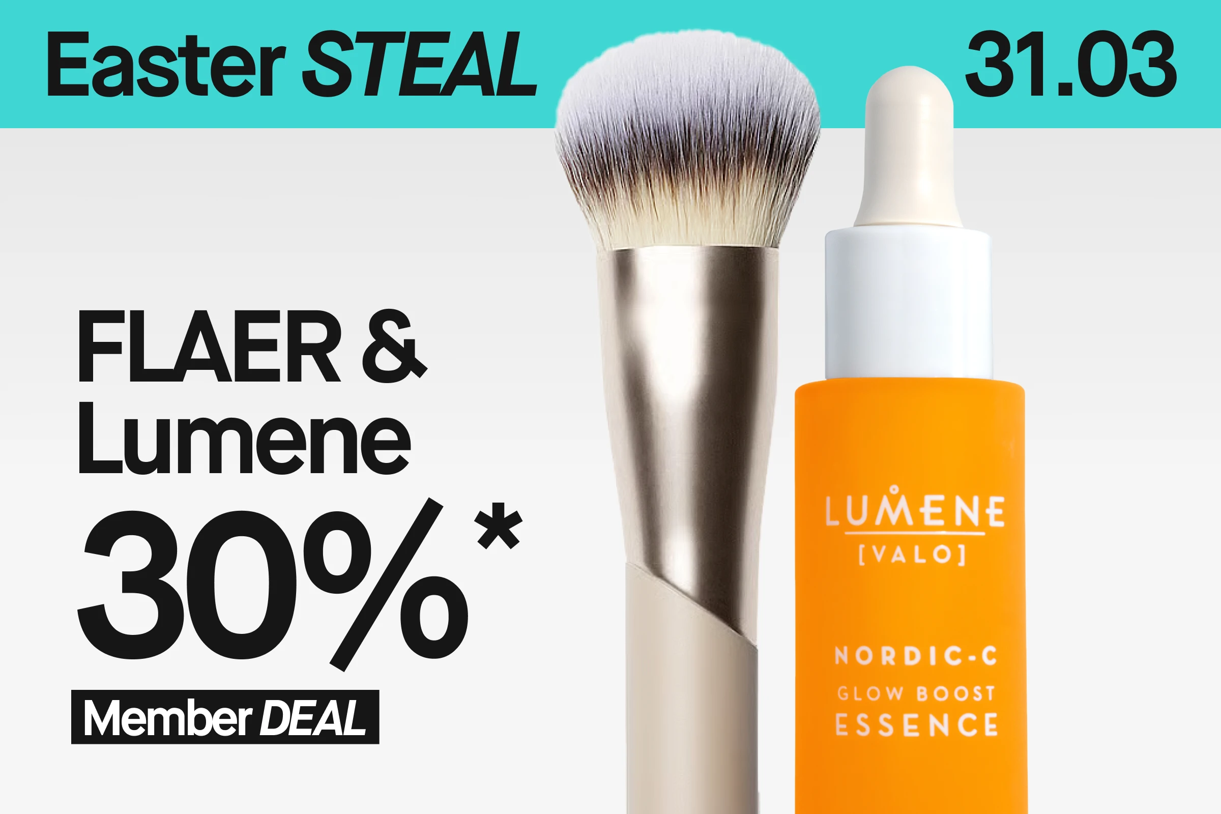 Banner med teksten “Easter STEAL 31/3” og “FLAER & Lumene 30% Member Deal” samt sminkekost og Lumene Nordic-C Glow Boost Essence mot turkis og lys bakgrunn.
