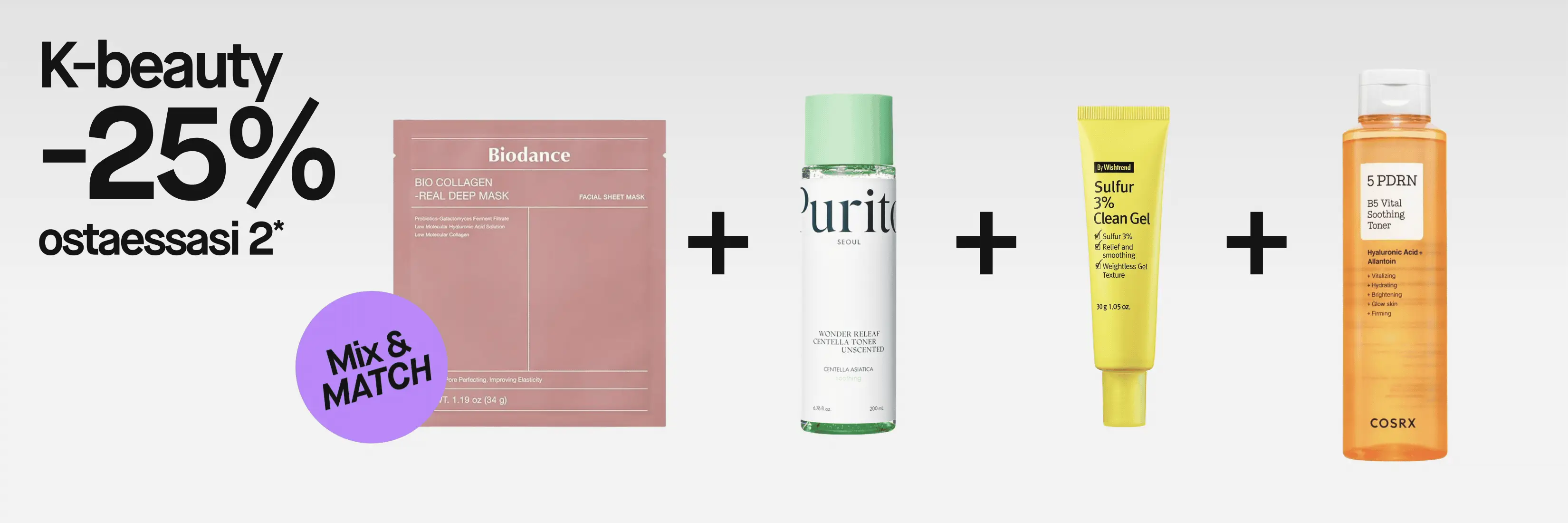 K-beauty Mix & Match, 25 % alennus ostettaessa 2*. Kuvassa neljä korealaista ihonhoitotuotetta: Biodance Bio Collagen Real Deep Mask, Purito Seoul Wonder Releaf Centella Toner Unscented, By Wishtrend Sulfur 3% Clean Gel ja COSRX 5 PDRN B5 Vital Soothing Toner.