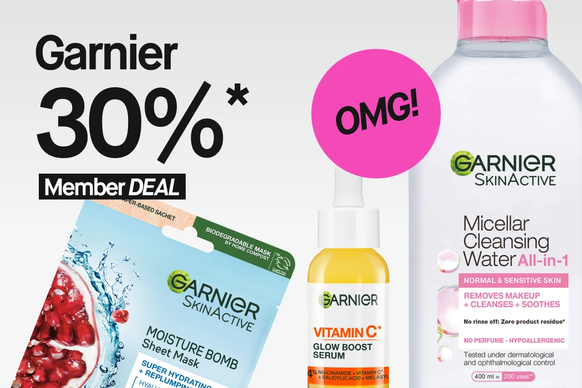 Kampanjegrafikk med teksten “Garnier 30%* Member DEAL” og en rosa sirkel med “OMG!”, sammen med Moisture Bomb Sheet Mask, Vitamin C* Glow Boost Serum og Micellar Cleansing Water All-in-1.
