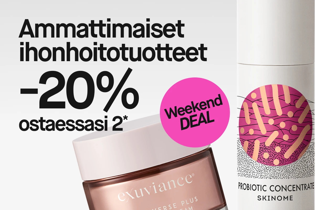 Kuva, joka näyttää kaksi tuotetta: vaaleanpunainen purkki Exuviance Age Reverse Plus Rebuild-5 Cream ja valkoinen tuubi Skinome Probiotic Concentrate. Tekstit "Professionell hudvård 20% kahden ostosta*" ja "Weekend DEAL" ovat näkyvissä. Tausta on valkoinen.