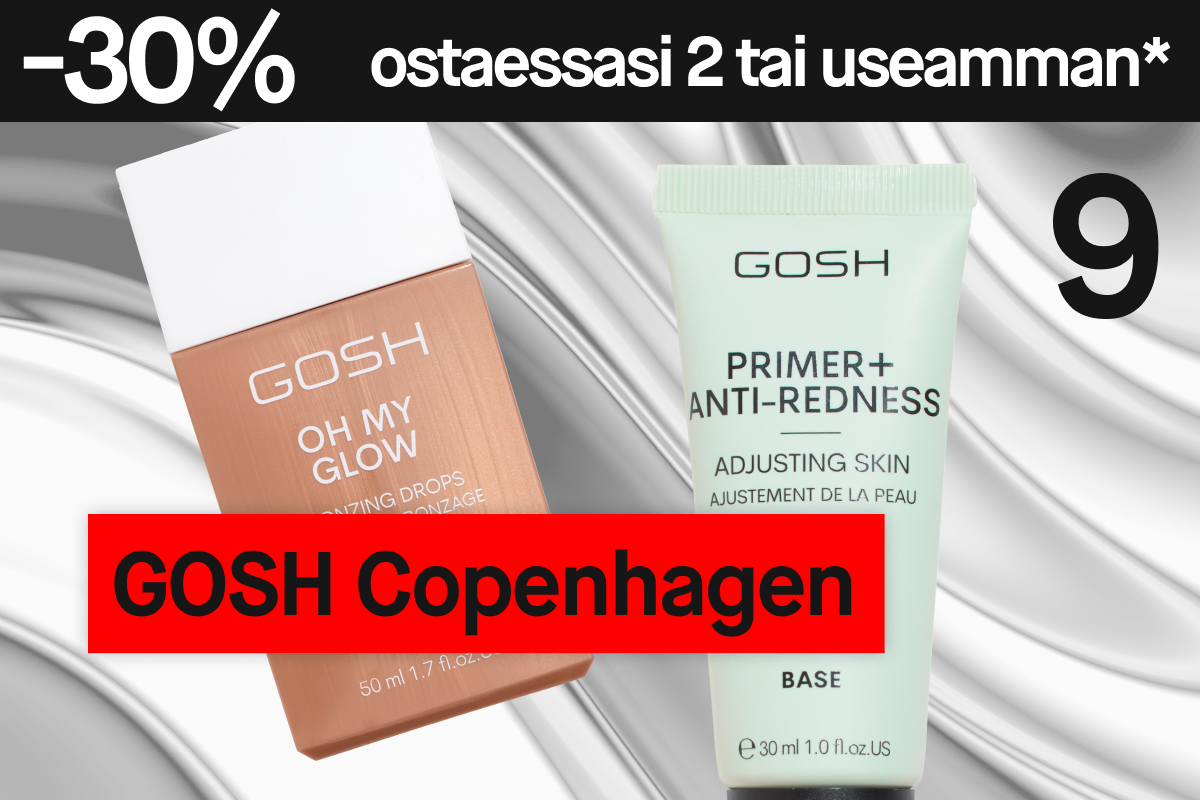 Kuva, joka näyttää mainoksen kampanjasta, jossa on 30% alennus kahden tuotteen ostosta GOSH Copenhagen. Ruskea pullo GOSH Oh My Glow Bronzing Drops ja vihreä pullo GOSH Primer+ Anti-Redness ovat näkyvissä. Teksti "GOSH Copenhagen" näkyy punaisessa suorakulmiossa. Tausta on harmaa valkoisilla yksityiskohdilla.