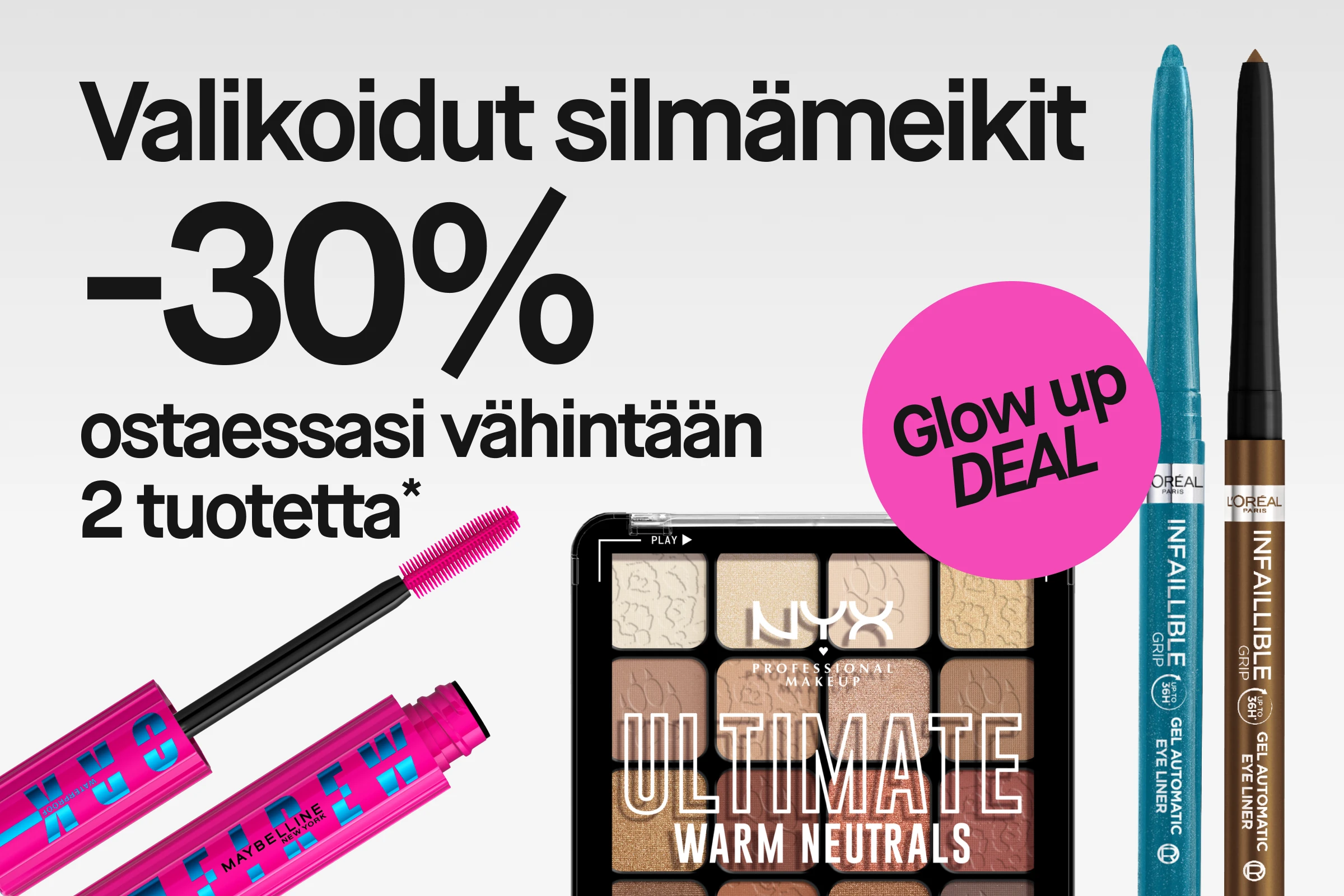 Banner med teksten «Utvald ögonmakeup 30% vid köp av 2 eller fler» og «Glow up DEAL», sammen med Maybelline mascara, NYX Ultimate Warm Neutrals øyenskyggepalett samt L’Oréal Infaillible gel eyeliner i turkis og brun nyanse mot lys bakgrunn.