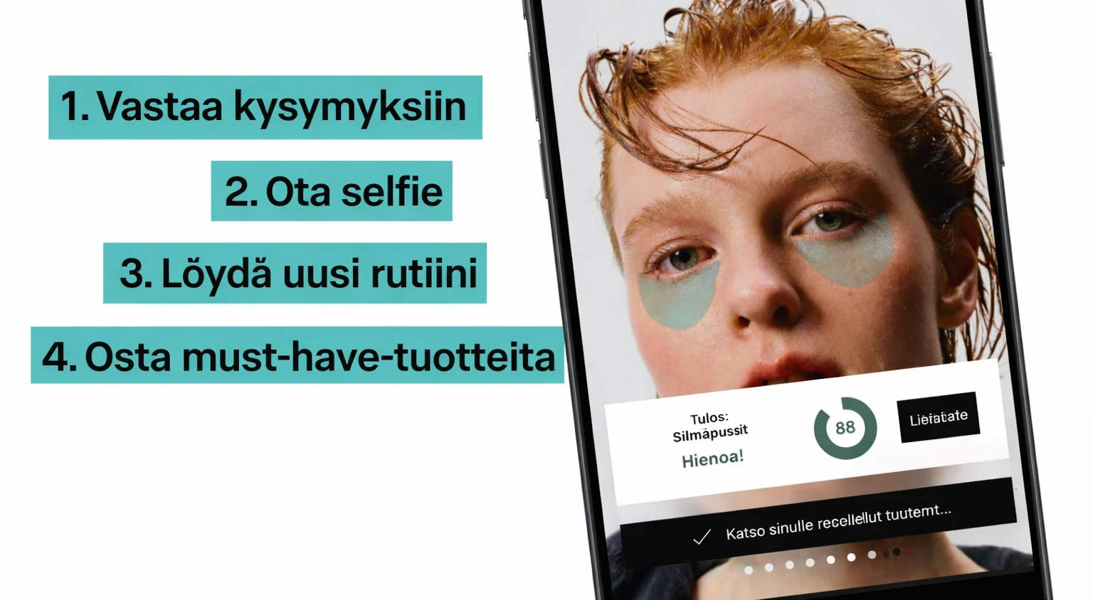 Puhelimen näytöllä näkyy digitaalinen ihoanalyysi tekstillä ”Hudterapeut meets AI – löydä uusi RUTIN!”. Näytössä on vaiheet: vastaa kysymyksiin, ota selfie, saat uuden rutiinin ja osta suosikkituotteet. Ruudulla näkyy kasvot vihreillä silmänalusnaamioilla ja tulosnäkymä suositelluilla tuotteilla.