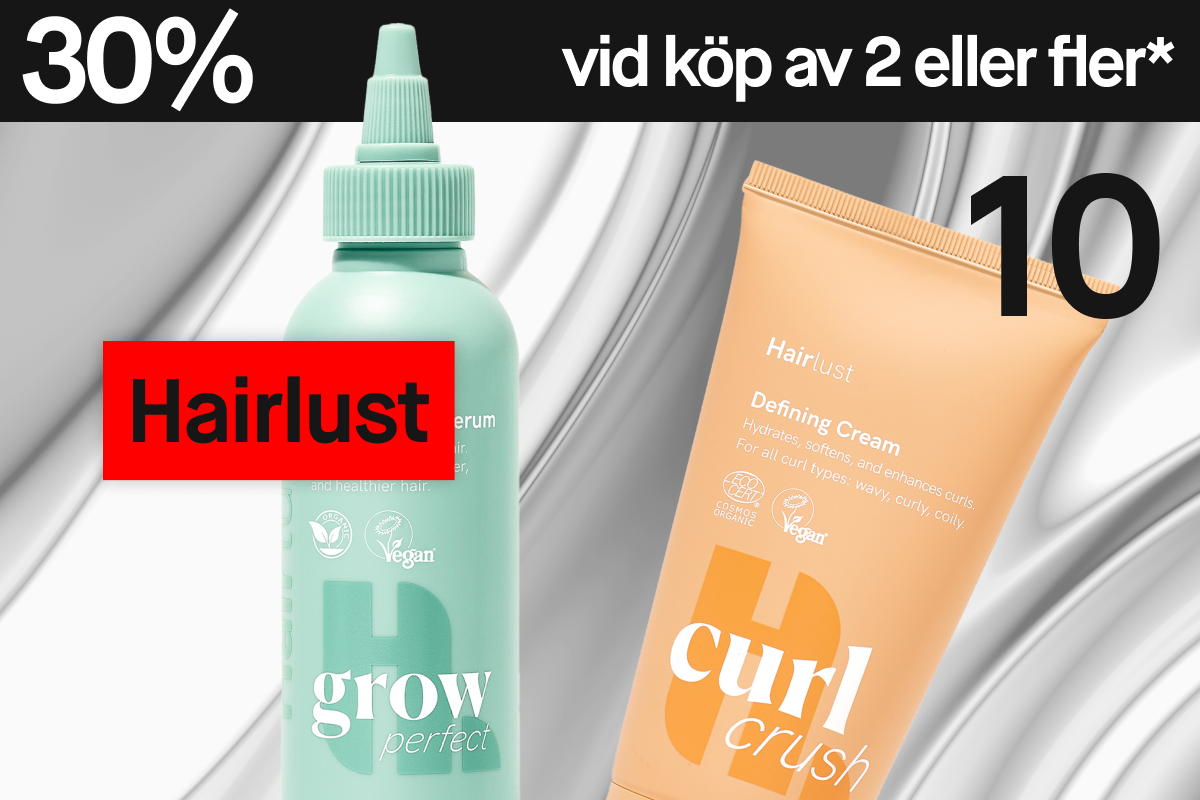 Bild som visar en grön flaska med Hairlust Grow Perfect Serum och en orange flaska med Hairlust Curl Crush Defining Cream. Bakgrunden är grå med vita detaljer.