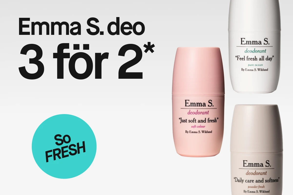 Emma S. deodorantprodukter placerade mot ljus bakgrund med texten ”Emma S. deo 3 för 2” samt en rund badge med texten ”So Fresh”.