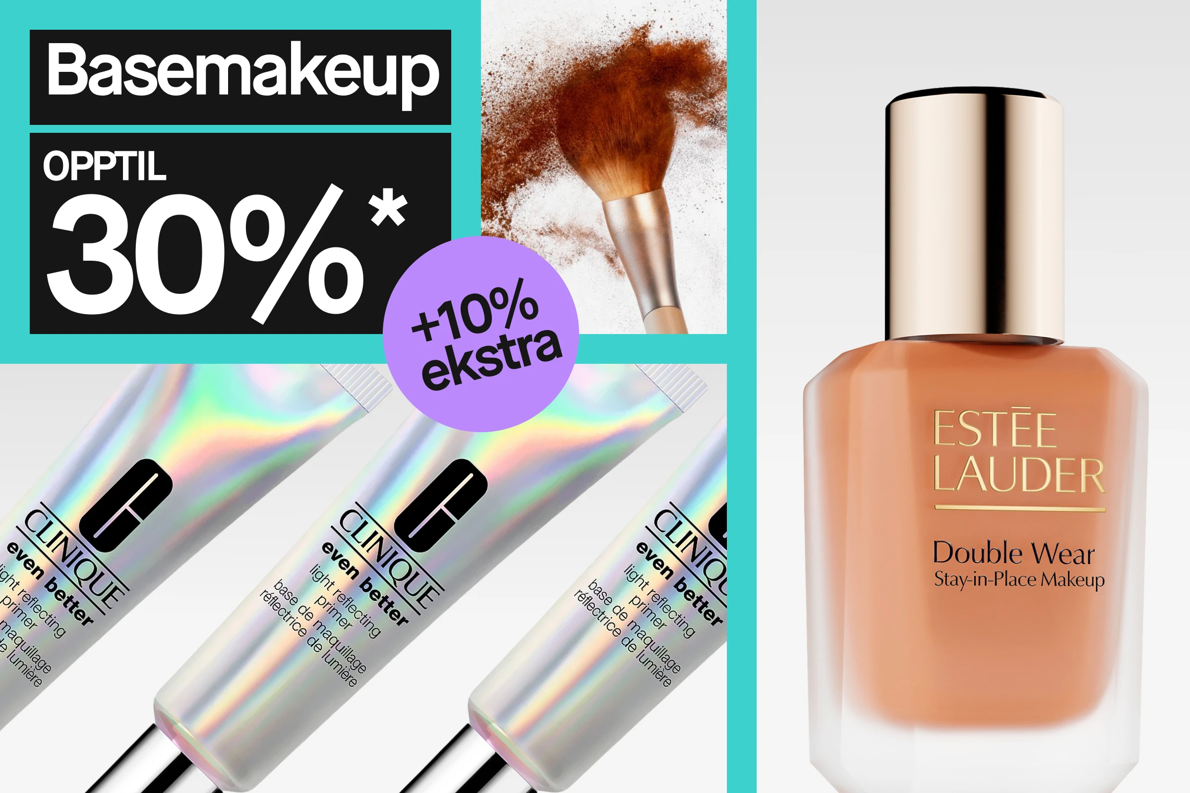 Banner med turkis bakgrunn og svart tekst ”Makeupbas OPP TIL 30%*”. Til høyre vises en flytende foundation i flaske med brun nyanse som renner ned langs emballasjen, samt pudder som spres fra en sminkekost.
