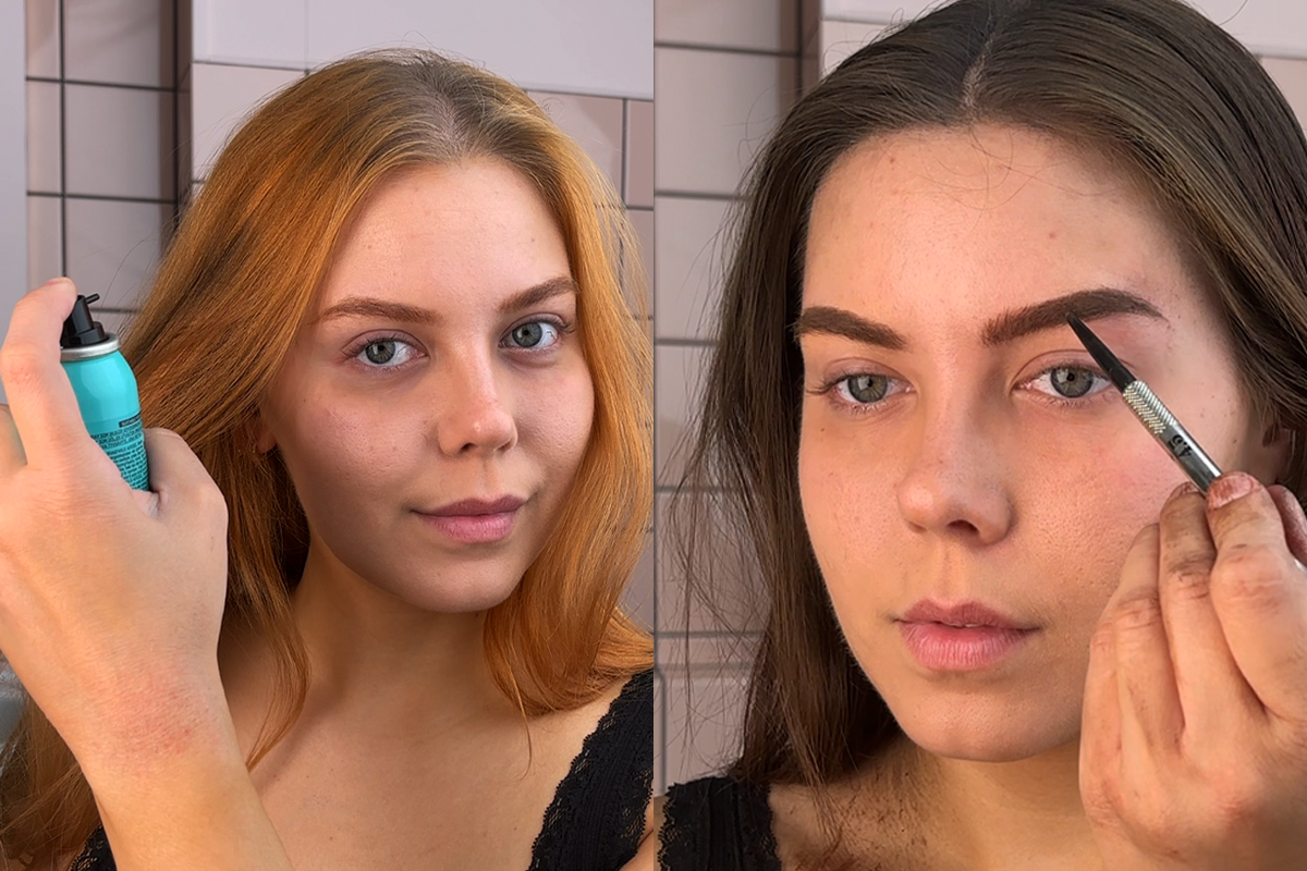 Två bilder, sida vid sida där Isabella först färgar sitt hår och sedan målar ögonbrynen
