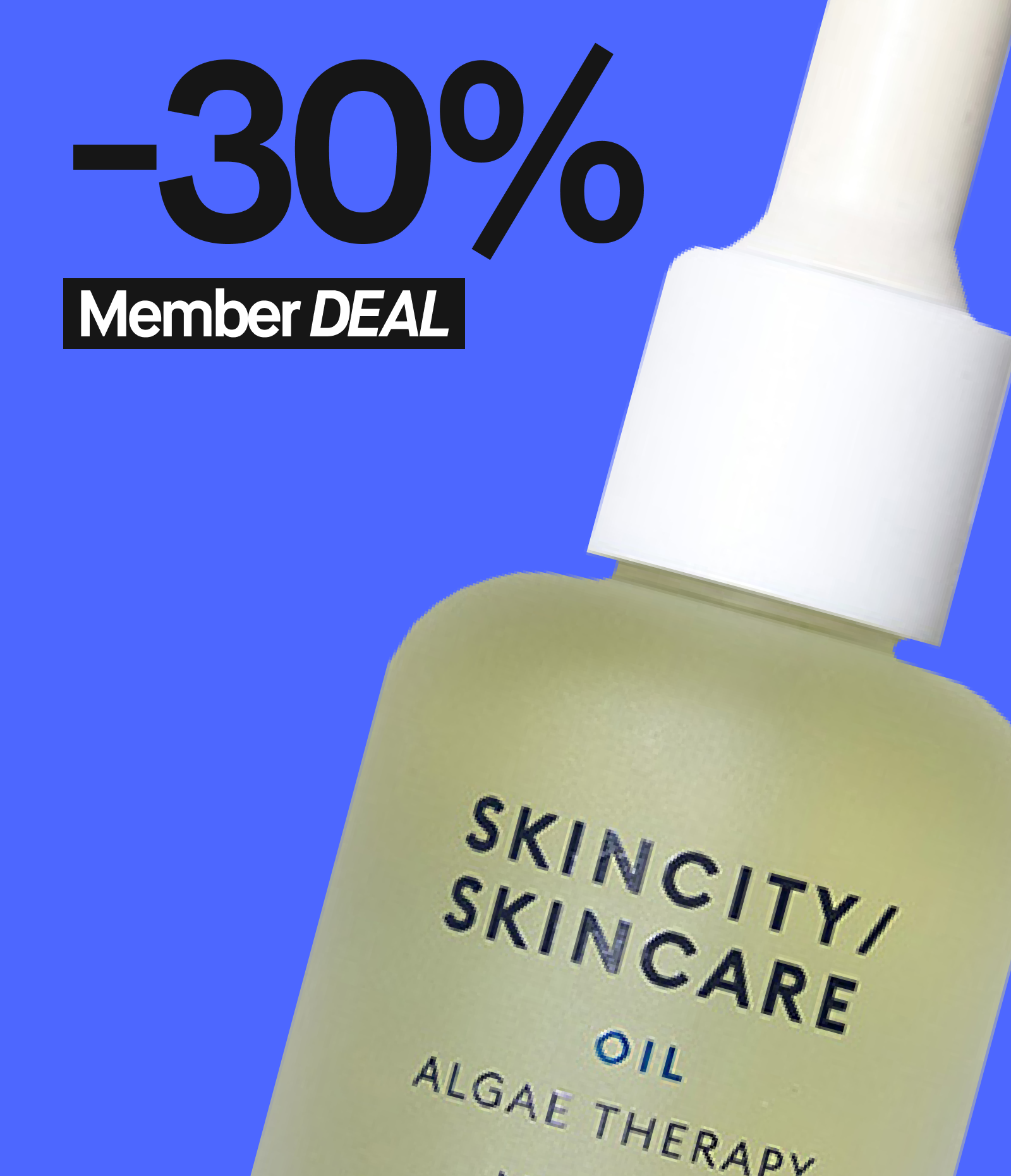 Kuva Skincity Skincare Oil Algae Therapy -kasvoöljystä. Vihreä pullo, jossa on valkoinen pipetti. Vasemmassa yläkulmassa lukee "-30% Member DEAL" sinisellä taustalla.