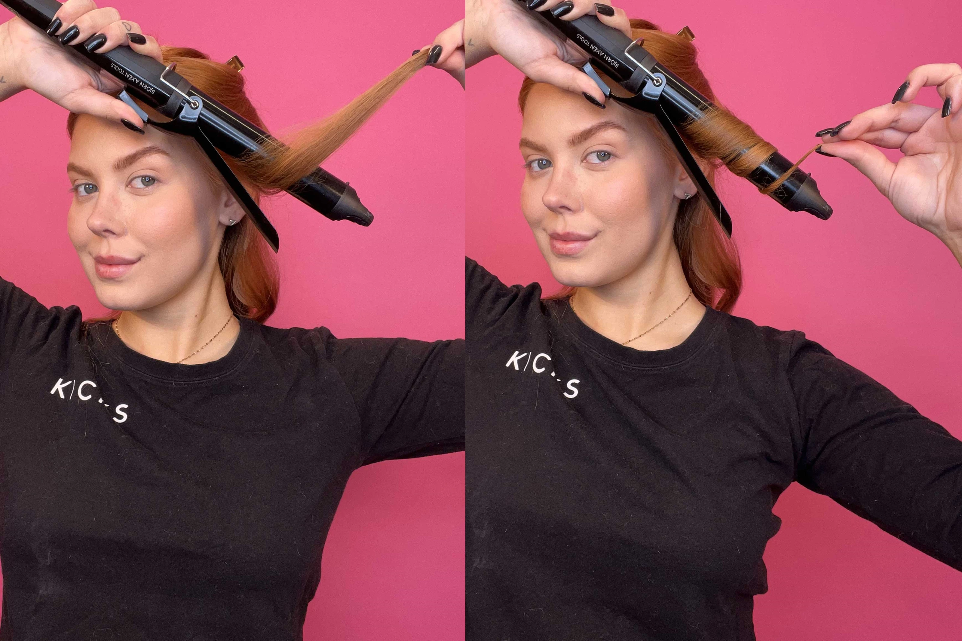 KICKS beautyexpert Isabella lockar håret mot cerise bakgrund.
