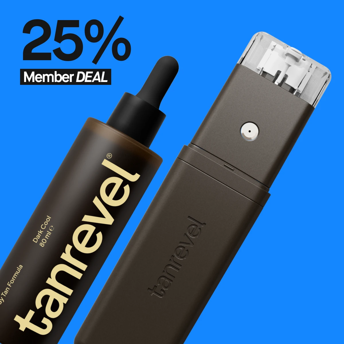 Tanrevel self-tanning kit med en brun flaska och en brun sprayenhet, med 25% rabatt för medlemmar.