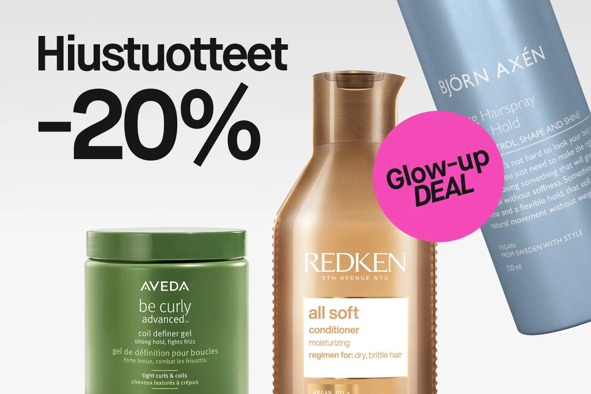 Hiustuotteet -20% alennuksella. Kuvassa Aveda be curly advanced coil definer gel, Redken all soft conditioner ja Björn Axén fixing hairspray strong hold. Glow-up DEAL -tarra.