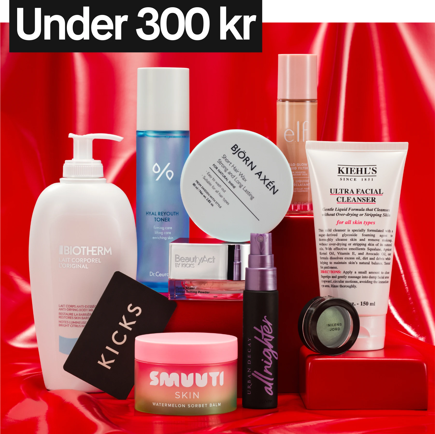 Produkter mot rød bakgrunn med teksten under 300 kr