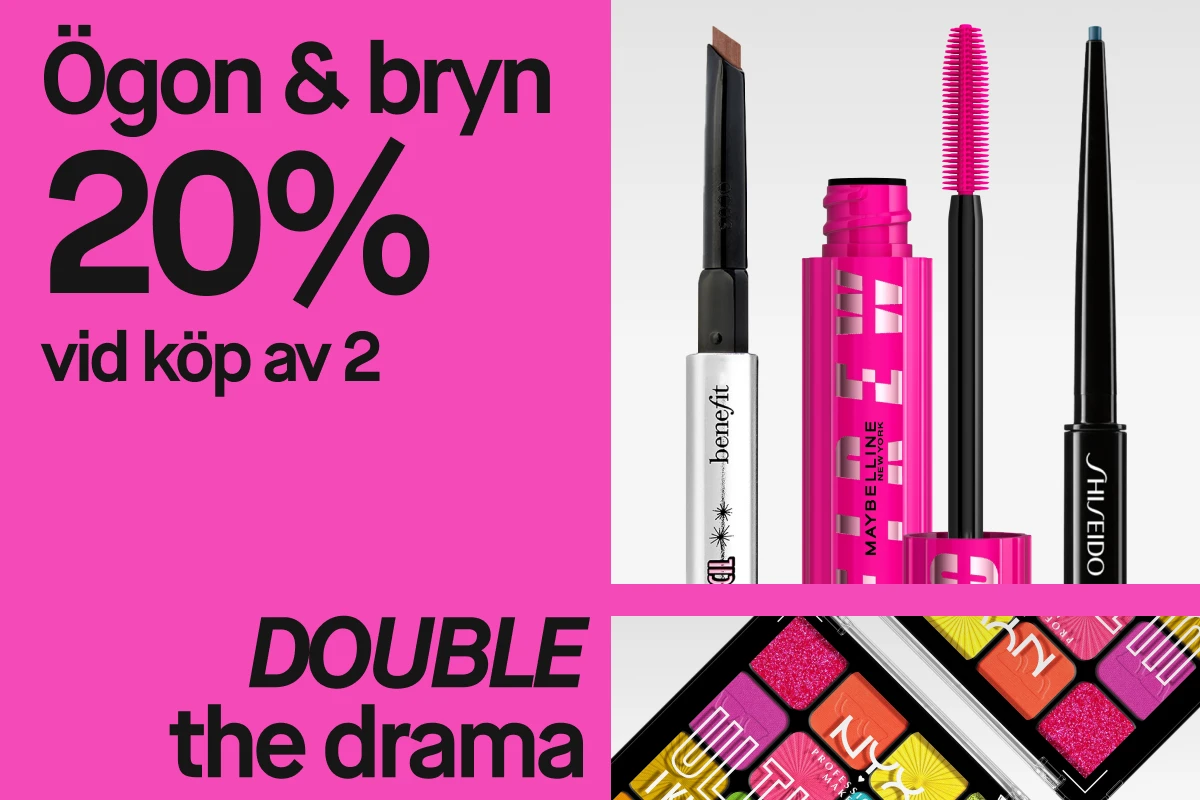 Produkter för ögon och bryn från Benefit, Maybelline och Shiseido, mot en rosa bakgrund med texten "Ögon & bryn 20% vid köp av 2" och "DOUBLE the drama".