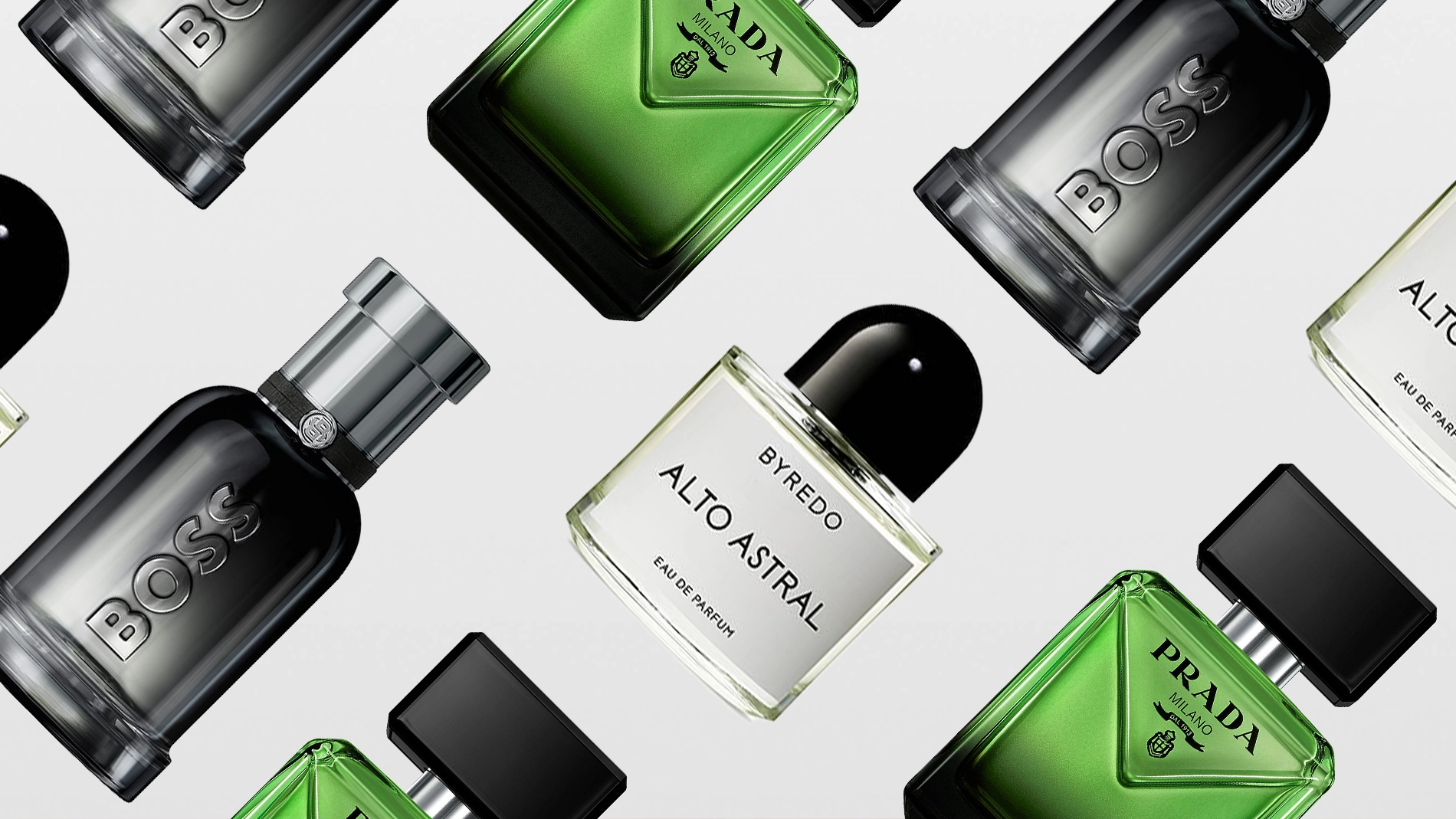 Et elegant bilde med flere herreparfymer mot en lys bakgrunn: en grønn, firkantet flaske fra Prada, svarte flasker fra Hugo Boss og gjennomsiktige flasker med svart kork fra Byredo Alto Astral. Perfekt som farsdagsgave eller gavetips til menn.