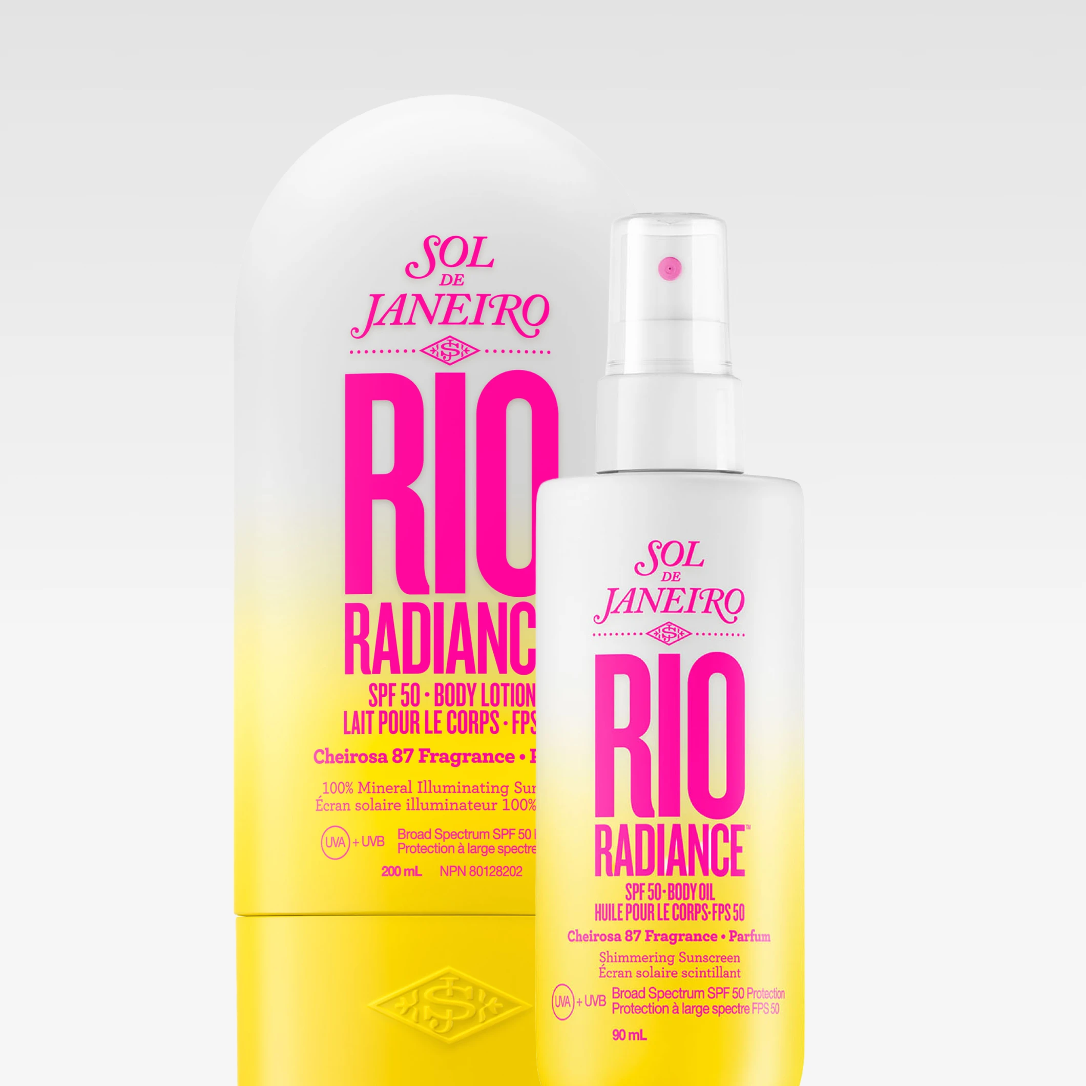 Sol de Janeiro Rio Radiance SPF 50 Body Lotion och Rio Radiance SPF 50 Body Oil med texten “Cheirosa 87 Fragrance”, “Broad Spectrum SPF 50 Protection” och “90 ml”.