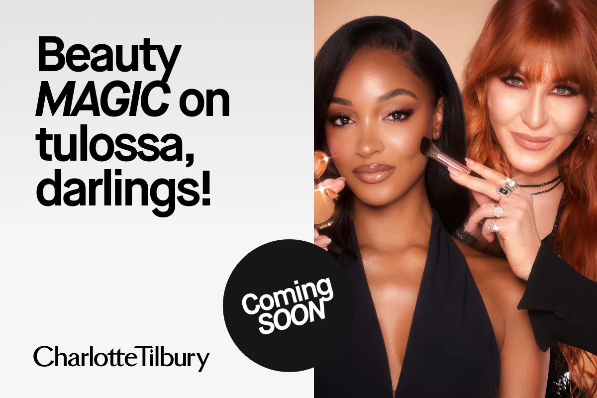 Charlotte Tilbury mainos. Teksti: Beauty MAGIC on tulossa, darlings! Coming SOON -tarra.