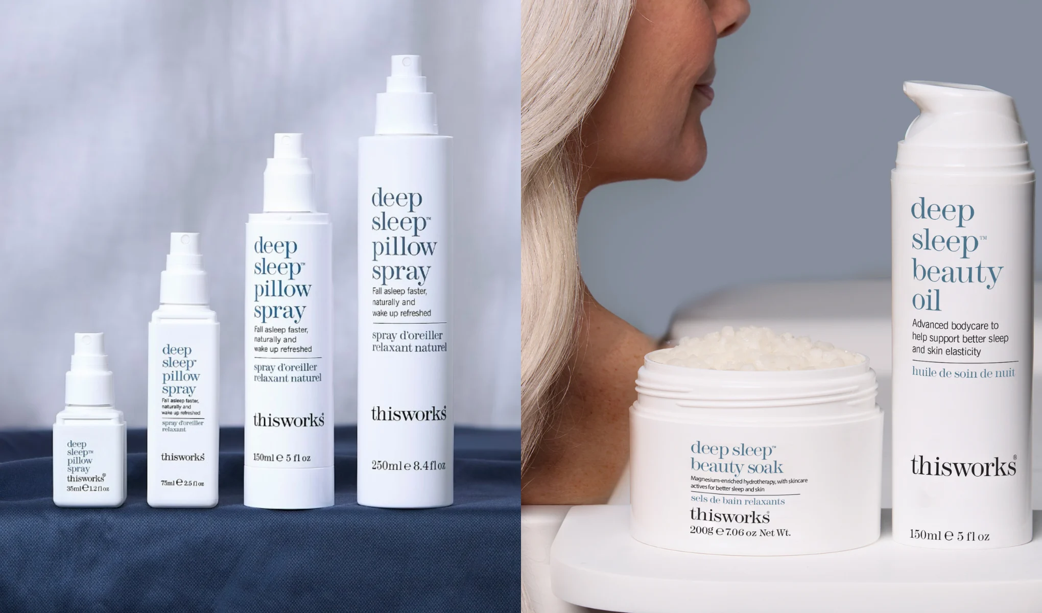 This Works Deep Sleep-produkter for søvn og velvære, inkludert putespray, badesalt og kroppsolje.
