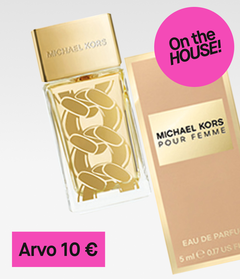 Kuva Michael Kors Pour Femme -hajuvedestä. Kultainen pullo ja pakkaus. Vasemmassa yläkulmassa on pinkki ympyrä, jossa lukee "On the HOUSE!". Alareunassa pinkki laatikko, jossa lukee "Arvo 10 €".