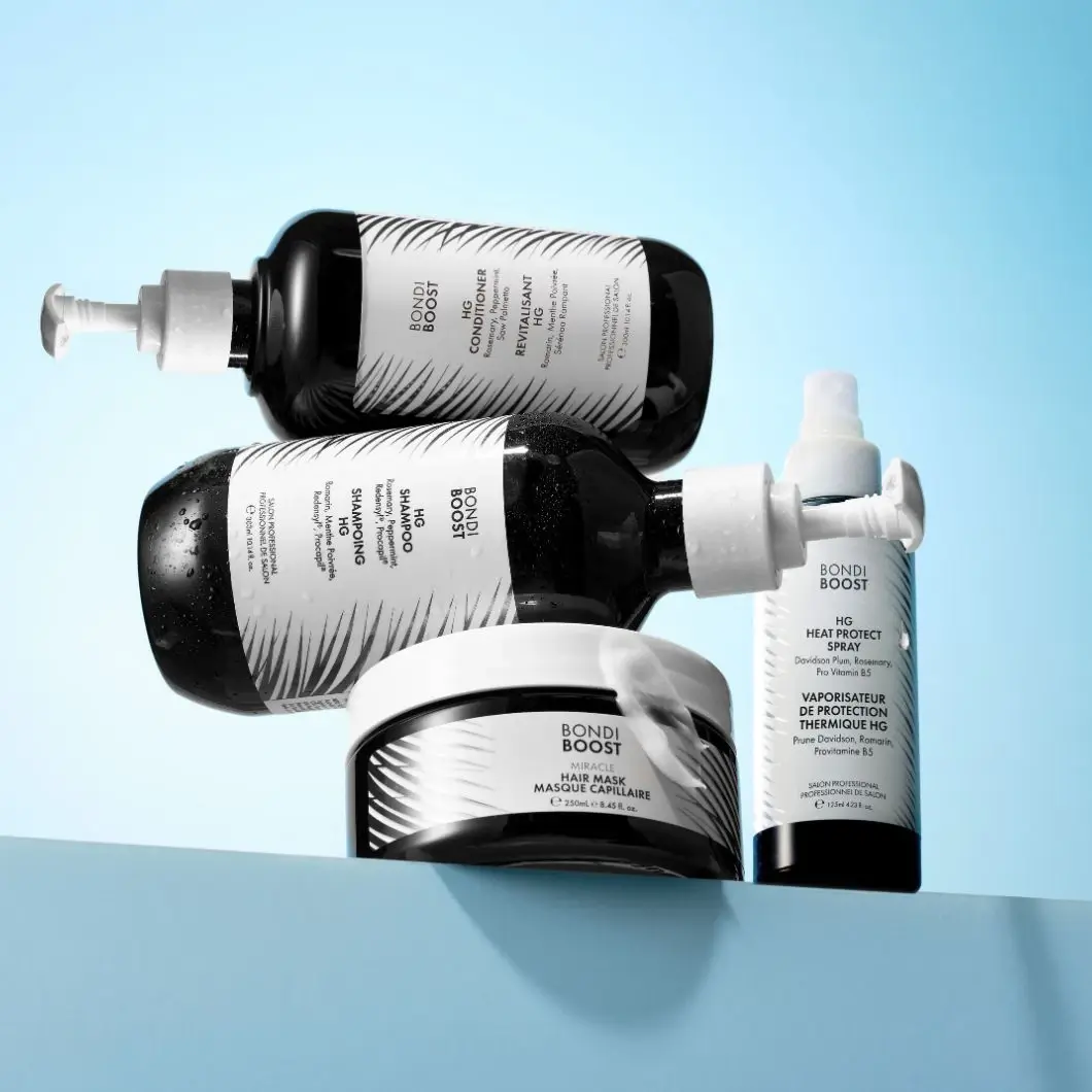 Bondi Boost hårpleieprodukter: HG balsam, HG sjampo, Miracle hårmaske og HG varmebeskyttende spray.