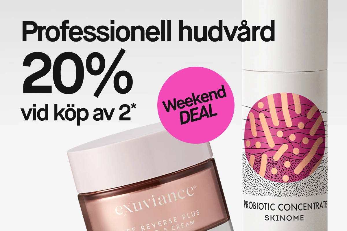 Bild som visar två produkter: en rosa burk med Exuviance Age Reverse Plus Rebuild-5 Cream och en vit tub med Skinome Probiotic Concentrate. Texten "Professionell hudvård 20% vid köp av 2*" och "Weekend DEAL" är synliga. Bakgrunden är vit.