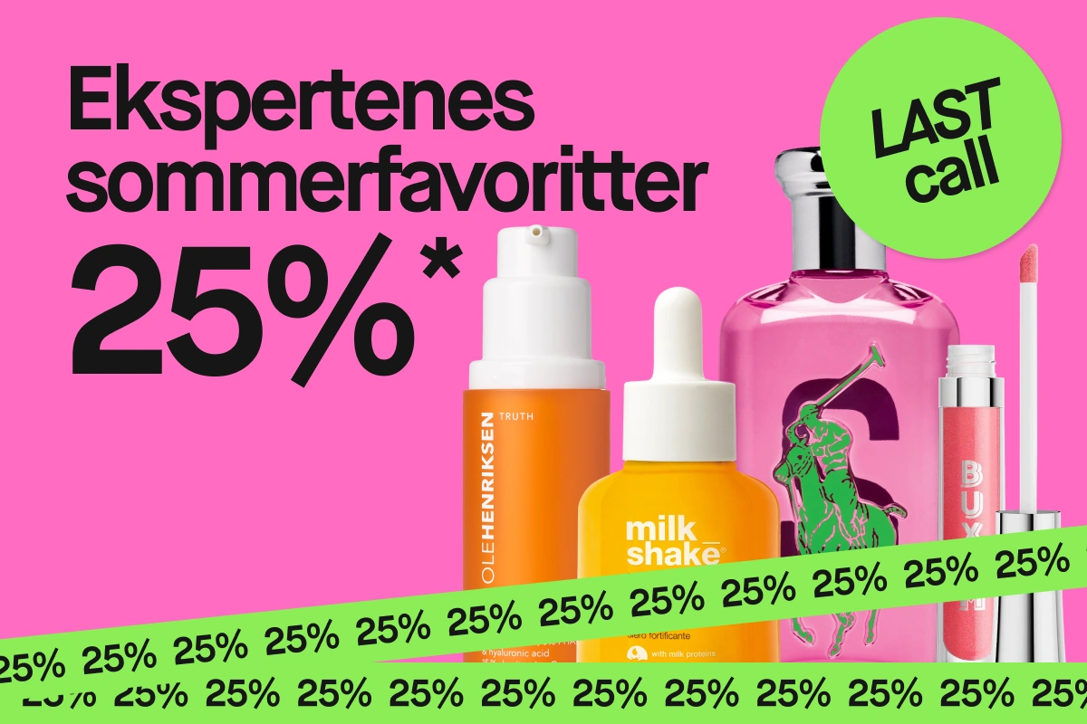 Rosa kampanjbanner med teksten "Experternas sommarfavoriter 25%*" og en grønn sirkel med teksten "LAST call". Ole Henriksen Banana Bright Vitamin C Serum, milk_shake Incredible Serum, en rosa parfymeflaske med ryttermotiv og Buxom lipgloss vises foran et grønt bånd med gjentatt tekst "25%", som fremhever et rabattilbud på skjønnhetsprodukter.
