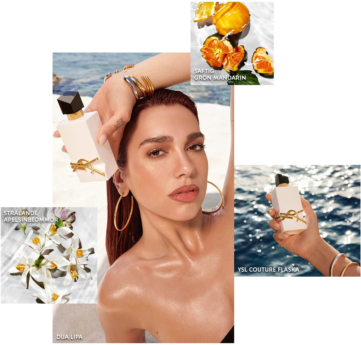 En mood board med fyra bilder. Huvudbilden är av Dua Lipa som håller en YSL Libre parfym. Runtom henne är det tre mindre bilder av YSL Libre parfymen, apelsinblommor och en grön mandarin under vatten.